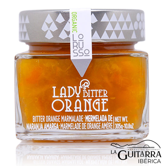 MERMELADA EXTRA DE NARANJA AMARGA, LADY BITTER ORANGE, DE LoRUSSo. Producto ecológico certificado, libre de conservantes y colorantes. Sin gluten, 100% Vegano. Elaborada con energía limpia de forma artesanal. 305gr.